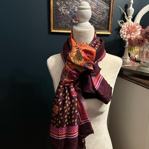 LOFT Vibrant Floral Scarf in Burgundy and Orange - Picture 3 of 7